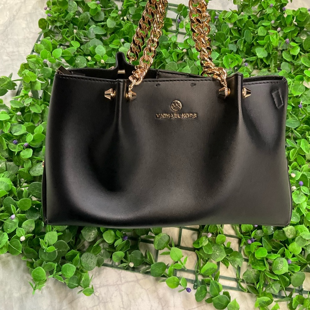 Michael Kors Black Leather Shoulder Tote with Gold Chain Straps